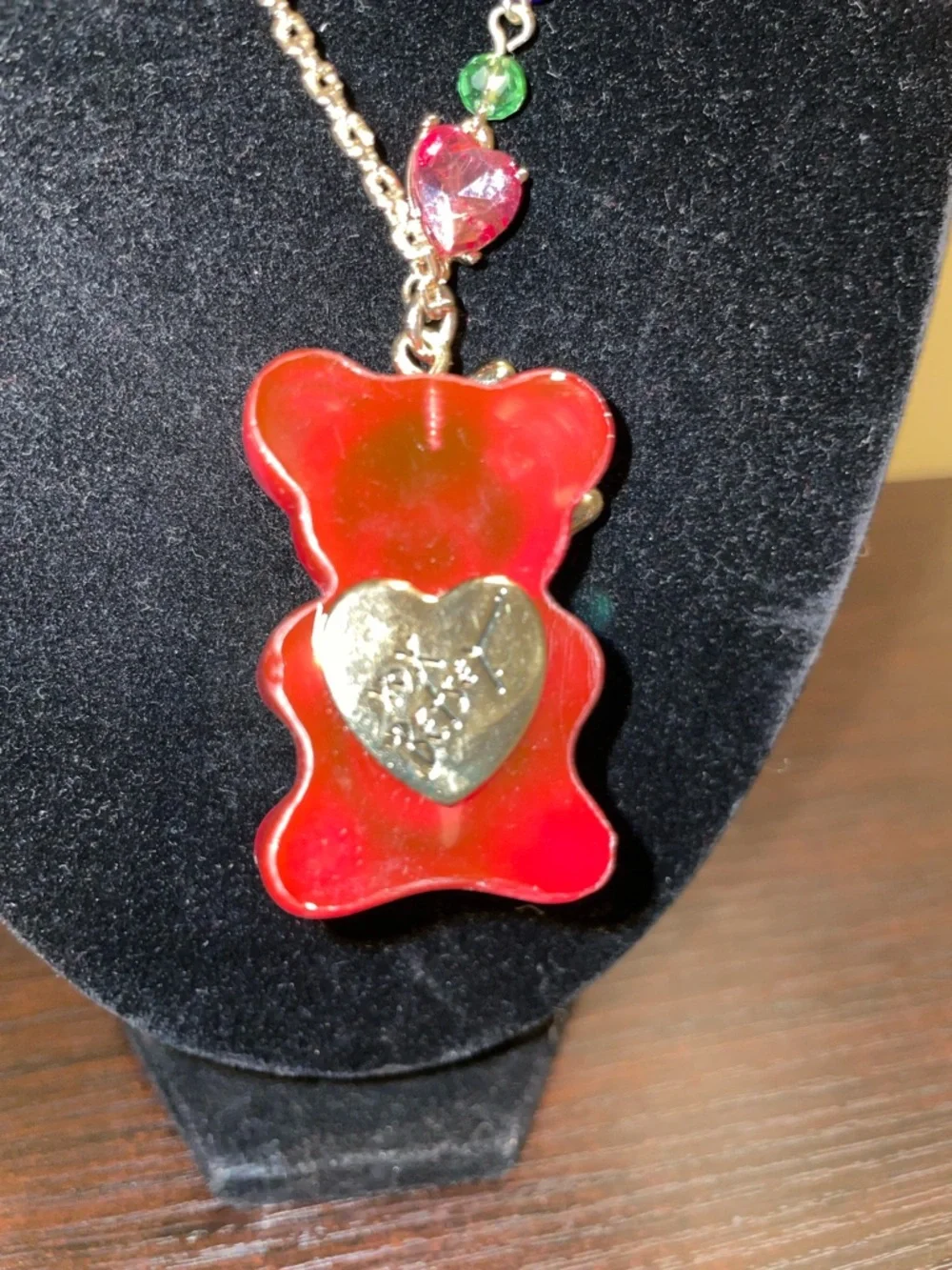Betsey Johnson Red Bear Pendant Necklace – Multicolor Beads, Whimsical Jewelry